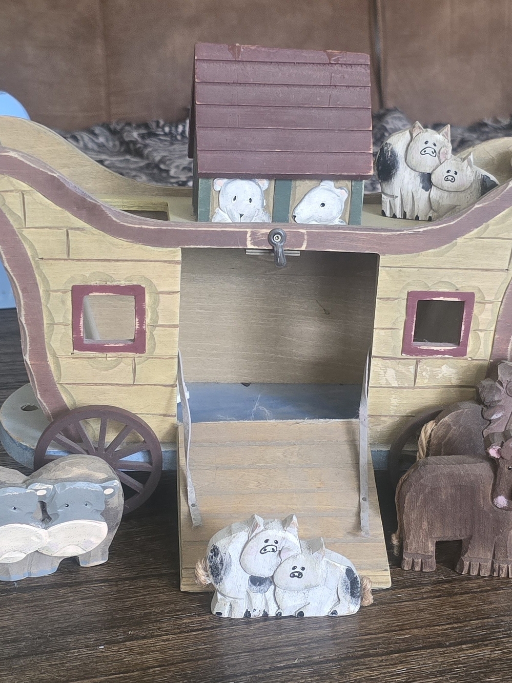 Handcrafted Wooden Noah's Ark Home Accent in Beige and Brown